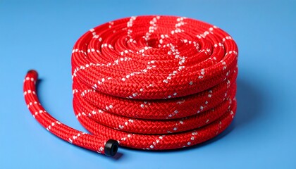 Rolled red rope on blue background