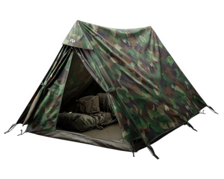 Camouflage tent military shelter outdoor camping survival gear green brown pattern portable waterproof adventure wilderness equipment isolated - Powered by Adobe