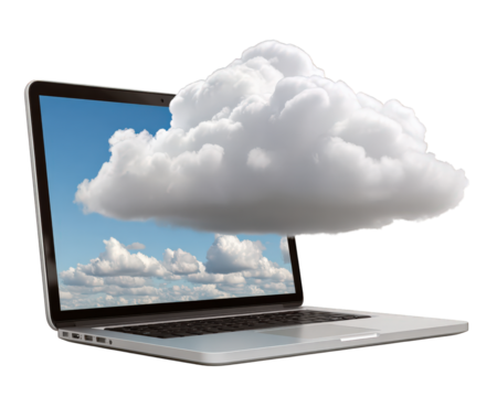 Laptop cloud technology digital computing internet data storage modern innovation. laptop with large cloud emerging from screen symbolizes cloud computing digital data storage and modern