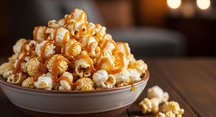 Caramel Popcorn Delight: A mouthwatering close-up of caramel popcorn in a ceramic bowl, perfect for snack time, presented on a wooden table.