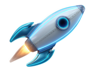 Futuristic rocket icon with glowing blue accents, metallic body, and fiery engine, symbolizing innovation, startup energy, and technology advancement in dynamic style