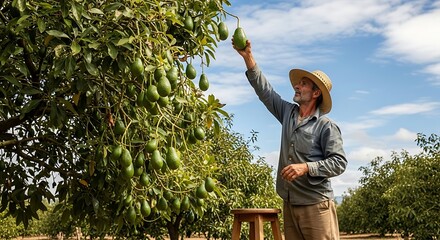 Avocado Harvest in Orchard: A farmer harvests ripe avocados from a tree in a sun-drenched orchard, illustrating the bounty of agriculture. 