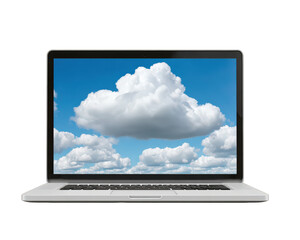 Laptop cloud sky technology digital internet blue screen modern wireless concept device computer online data storage network connection communication information background desktop display white