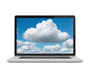 Laptop cloud sky technology digital internet blue screen modern wireless concept device computer online data storage network connection communication information background desktop display white