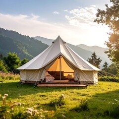 Rustic glamping tent nestled in a mountain meadow