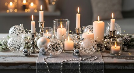 Candlelight Christmas Decor: A beautifully arranged display of flickering candles, shimmering ornaments, and elegant silver accents adorn a wooden table, evoking a sense of warmth and holiday cheer.