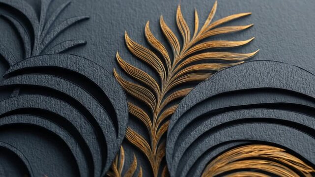 Intricate gold leaf patterns rest on a textured dark gray backdrop.