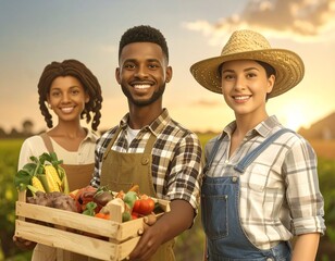 Three diverse young farmers smiling together in a field holding a wooden crate of fresh vegetables at sunset.