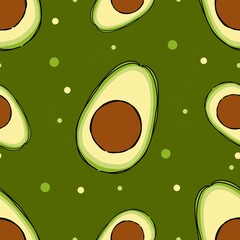 Raster seamless pattern of avocado and polka dots on a green background