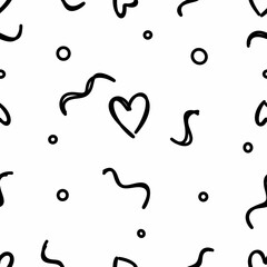 Raster seamless pattern with hand-drawn hearts, circles and lines on a white background