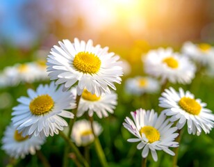 Obraz premium Close-up view of numerous vibrant white daisies with bright yellow centers, bathed in sunlight, creating a cheerful and spring-like atmosphere.