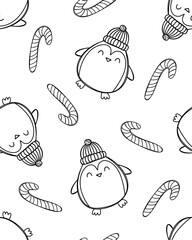 Raster seamless pattern with black linear drawings of cute penguins and candy canes on a white background