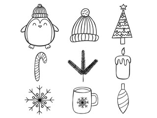 Christmas set with hand-drawn line drawings raster illustration