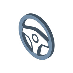 Isometric illustration of a steering wheel, gray color, on a white background.
