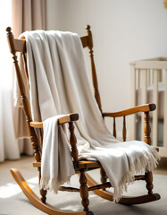 Serene Nursery Scene: Wooden Rocking Chair with Cozy Throw Blanket