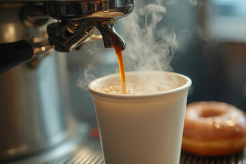 Freshly brewed coffee pouring into to-go cup with donut