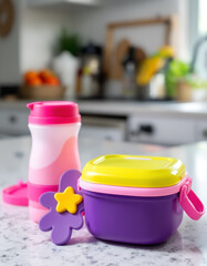 Colorful Kids' Lunchbox and Water Bottle Set on Kitchen Counter