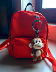 Vibrant Red Backpack with Adorable Monkey Keychain