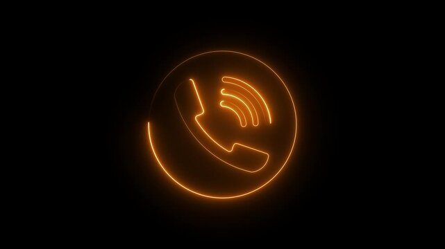 Incoming call icon neon glowing animation on black background, digital phone symbol for communication, customer service, mobile app