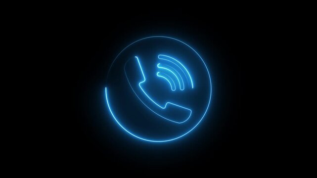 Incoming call icon neon glowing animation on black background, digital phone symbol for communication, customer service, mobile app