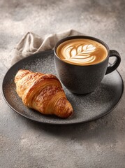 A warm and inviting image of a freshly baked croissant alongside a cup of latte art coffee on a textured gray surface.