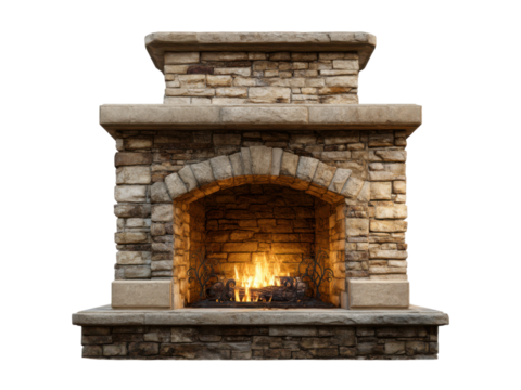 Rustic stone fireplace with glowing fire and ornate grate brick hearth, Isolated On Png Transparent Background - Powered by Adobe