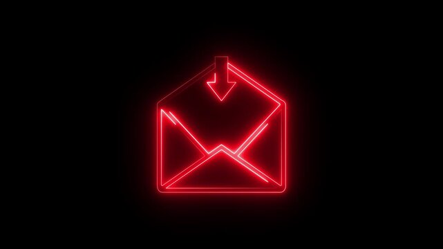 Neon inbox mail icon animation with envelope and arrow on black background, digital communication symbol for email, message, and online interface