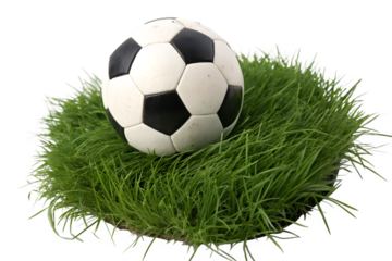 Classic black and white soccer ball rests on lush green grass patch against dark backdrop sports imagery