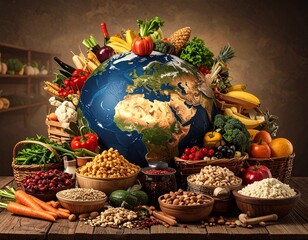 A vibrant display of fresh fruits, vegetables, grains, and legumes surrounding a globe, symbolizing global food and healthy eating.