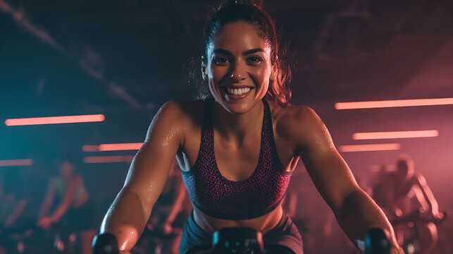 A determined-looking woman on a cycling bike in a spin class, catching the camera with a quick, powerful smile.

