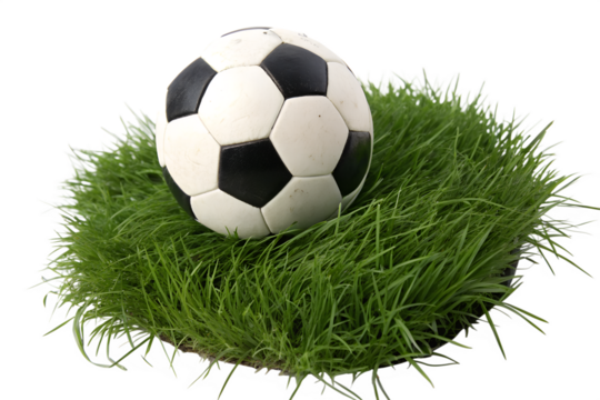 Classic black and white soccer ball rests on lush green grass patch against dark backdrop sports imagery