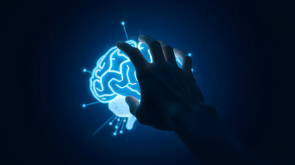 Exploring the Digital Frontier A Human Hand Connects with a Glowing Brain Interface, Symbolizing Artificial Intelligence, Innovation, and the Future of Cognitive Technology