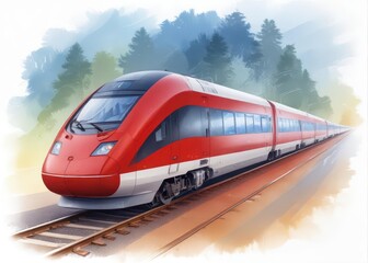 Fototapeta premium Watercolor Red High-Speed Train