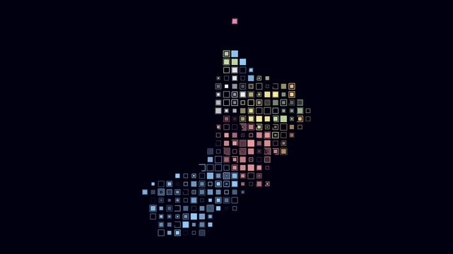 Oman animated country shape. Pulsating colored dots on the map of the country. Large size square blocks. Digital style Oman map on dark background. Beautiful animation video.