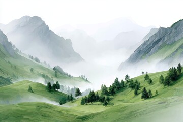 Obraz premium A picturesque scene of a mountain valley with lush green hills and a misty ambiance, showcasing natural beauty.