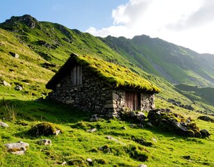 Rustic mountain hut nestled in grassy hillside