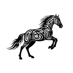 Obraz premium Black Tribal Horse Illustration with Flowing Mane and Swirling Patterns on White Background