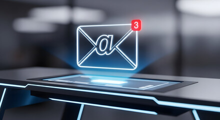 Holographic email icon with a notification badge displaying three unread messages, projected onto a futuristic surface.