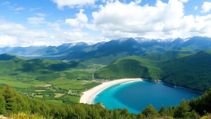 Breathtaking aerial view of a lush green tropical landscape with a turquoise bay and distant mountains under a cloudy sky.