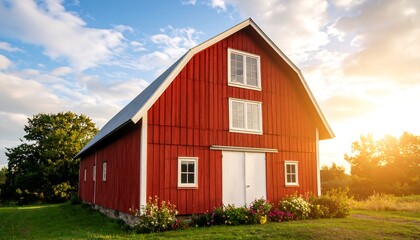 Obraz premium Rustic red barn at sunset