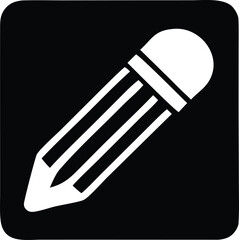 Simple white pencil icon with eraser on black square background for creative tools and writing concepts