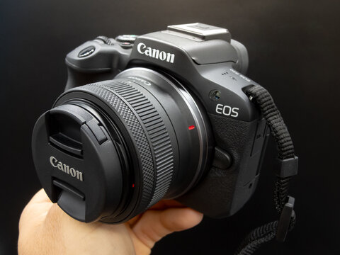 Zapopan Jalisco, Mexico - September 18, 2025: Canon EOS R50 digital camera with kit lens, canon camera concept