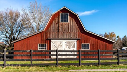 Rustic red barn with a black fence