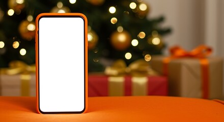 Orange smartphone with blank screen in front of blurred Christmas tree and gifts mobile phone