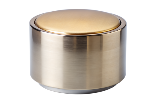 Highly polished chrome plated cylindrical object with reflective golden top surface