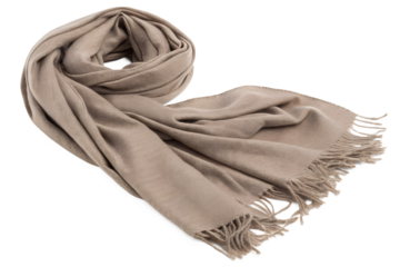 Luxurious taupe cashmere scarf artfully draped showing its soft texture and fringed edges a sophisticated accessory