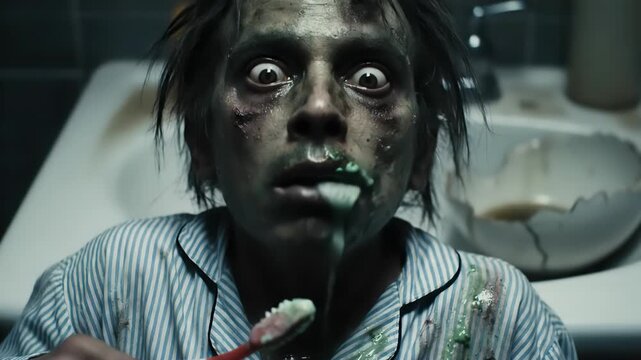 A grotesque figure with pale, decaying skin and dull, wide eyes is aggressively brushing its teeth with bright green toothpaste in a disheveled bathroom sink area.