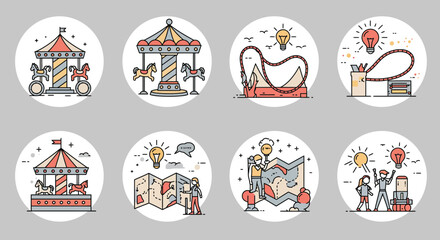 Fototapeta premium Carousel rides and creative solutions depicted in vector illustration set
