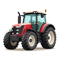 A detailed illustration of a vibrant red tractor, showcasing its sturdy design and large tires against a plain white background.