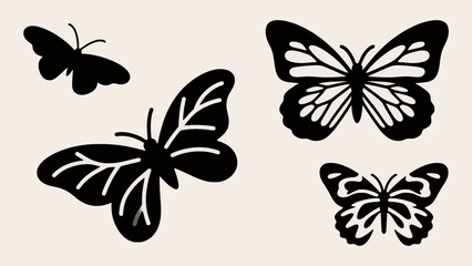 Four black butterfly silhouettes vector illustration with diverse wing patterns